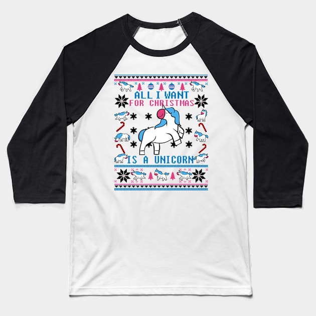 Funny Unicorn Lover Ugly Christmas Sweater Baseball T-Shirt by KsuAnn